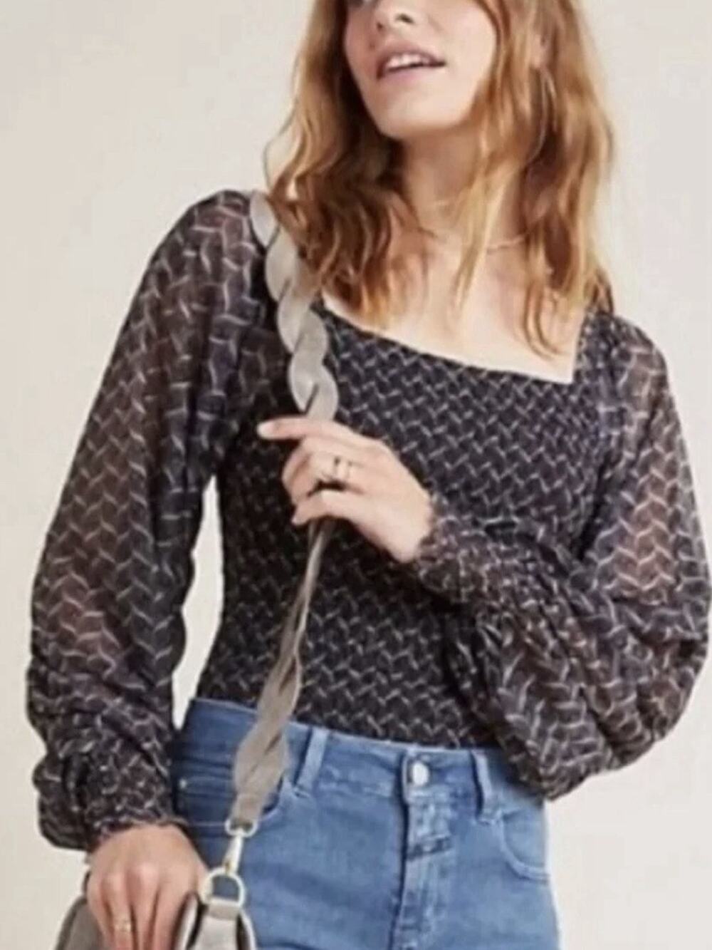 Anthropologie Rouen Top Sz M Smocked Sheer Long Slv Blouse